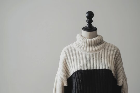 Headless mannequin wearing white and black ribbed long sleeve sweater isolated on light gray background backdrop