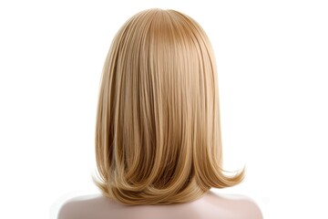 Naklejka premium Blonde wig on mannequin head Medium length cut on plastic holder isolated back view