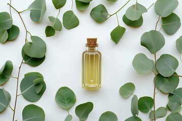 Eucalyptus essential oil bottle and leaves on white background Natural and organic cosmetics Flat lay top view