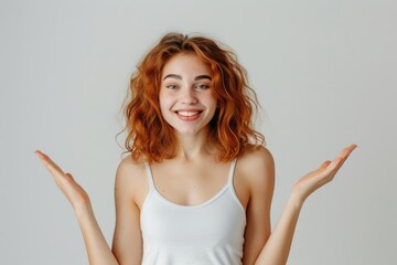 Fototapeta premium Joyful woman confused and raising hands