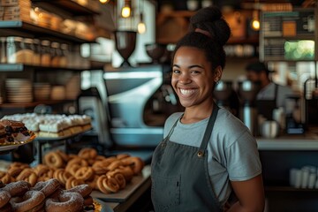Happy African American barista woman at coffee and bakery shop