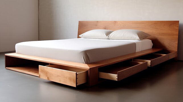 Image of a sleek, low-profile platform bed with minimalist under bed storage drawers