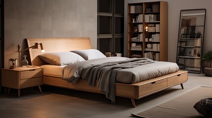 Image of a retro-inspired bed frame with hidden under bed storage in a room with a vintage vibe