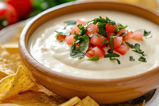 Extreme shallow depth of field highlighting white cheese dip with corn chips and tomatoes
