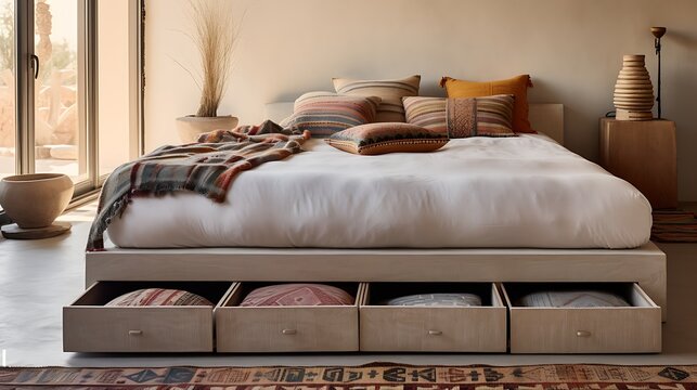 Image of a low-profile bed with concealed storage drawers, adorned with bohemian textiles and layered patterns