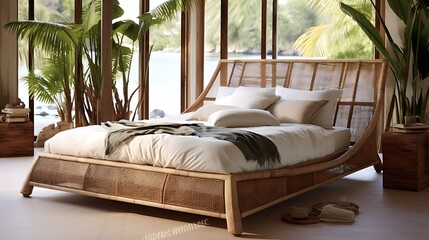 Image of a bamboo or rattan bed frame with concealed under bed storage, creating a tranquil tropical vibe - obrazy, fototapety, plakaty