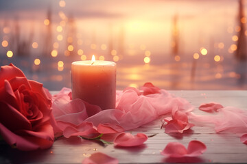 A candle, transparent pink linen fabric, rose and rose petals rest on the wooden table. In the blurred background, a lake with some trees illuminated by light, creating a bokeh effect, is visible.
