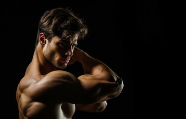 A strong young man displaying his biceps black background