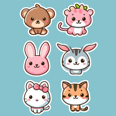 Big set of cute cartoon animal stickers vector illustration. Flat design