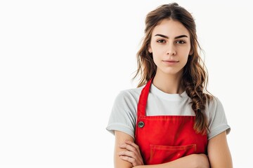 Woman wearing red apron alone on white backdrop