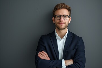 Smiling young businessman in formal attire with glasses stood with crossed arms isolated on gray background copyspace on left - obrazy, fototapety, plakaty