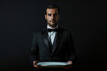 Black suited waiter holding tray on black background