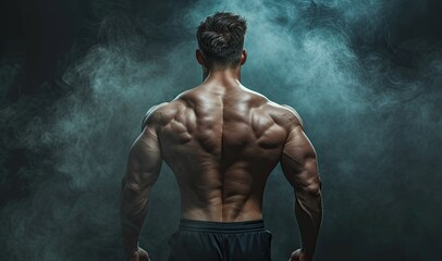 Attractive male body builder viewed from the back on a smoky background - obrazy, fototapety, plakaty