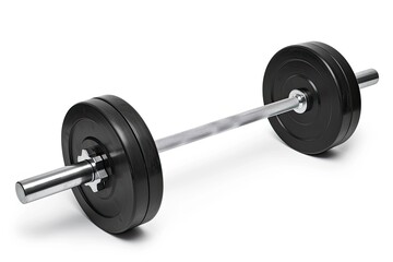 Resistance train and build muscle with a single barbell and black disc isolated on white background