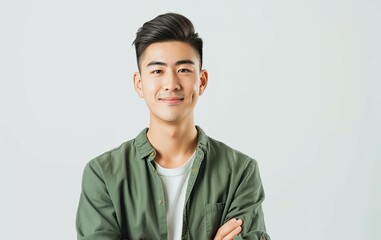Stylish Asian man in green casual attire posing on white background exuding happiness and confidence Reflects youthful energy and modern online business