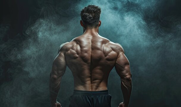 Attractive male body builder viewed from the back on a smoky background
