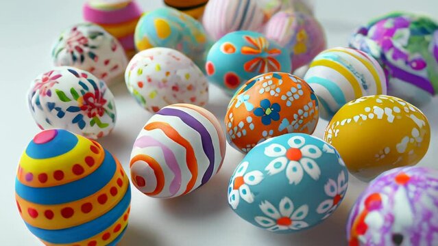 Easter eggs with various patterns and vivid colors are scattered against a white background.
