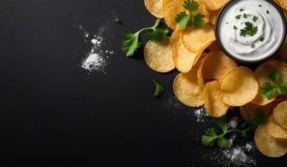 Potato chips with sour cream and parsley on a black background - obrazy, fototapety, plakaty