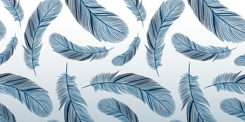 Vector seamless pattern with blue feathers. Stylish design for decor, textiles, wrapping paper, wallpaper.