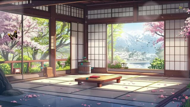 living room with beautiful view in japanese house interior background. Cartoon or anime watercolor digital painting illustration style. seamless looping 4k video animation background.	