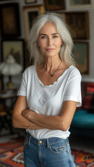 Old Caucasian woman on background of modern loft colorful living room of house