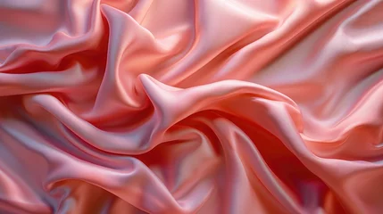 Fotobehang Luxurious Coral Silk Drapery Texture, close-up of sumptuous coral silk fabric, with intricate folds and a smooth texture, embodying elegance and luxury © Anastasiia