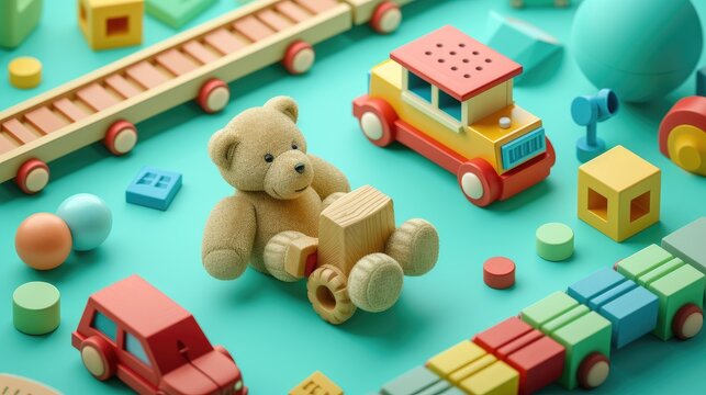 Colorful Childhood Toy Assortment, vivid array of children's toys, featuring a cuddly teddy bear amongst brightly colored blocks and trains on a playful turquoise background