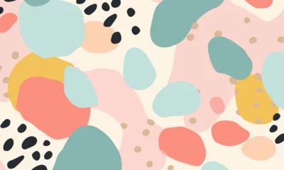 Gordijnen Abstract doodle design terrazo pattern with pastel background in the style of a 1970's handdrawn illustration © wanna