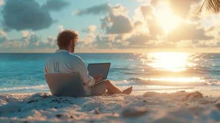 Remote Work Paradise, serene beach scene captures a man working remotely on his laptop at sunset, embodying the dream of a digital nomad lifestyle - obrazy, fototapety, plakaty