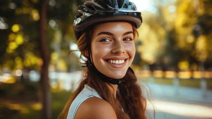 Radiant Cyclist Enjoying a Sunny Park Ride, young woman with a joyful expression, wearing a bike helmet, embodies the essence of active lifestyle in a verdant park setting - Powered by Adobe