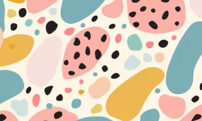 Tuinposter Abstract doodle design terrazo pattern with pastel background in the style of a 1970's handdrawn illustration © wanna
