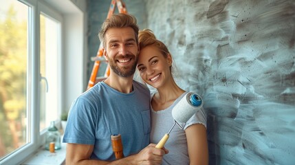 Couple's Painting Home Project, joyful young couple shares a moment of laughter amidst a home painting project, surrounded by vibrant, colorful walls