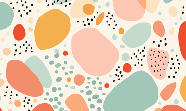 Abstract doodle design terrazo pattern with pastel background in the style of a 1970's handdrawn illustration