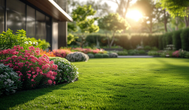 A close up of a lush green lawn with flowers and trees in spring. Generative AI