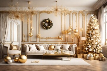 Luxury beige interior with Christmas golden and white decoration