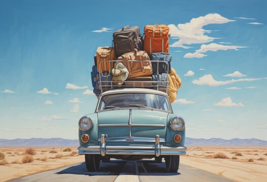 The whimsical illustration depicts a classic retro car cruising down a scenic road, laden with suitcases secured on the roof, as a family embarks on an exciting road trip adventure.