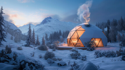 A snowy landscape, featuring a geodesic cabin or lodge. Show smoke rising from the chimney - obrazy, fototapety, plakaty