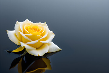 Black and white photograph, rose in center frame, stark contrast, yellow petals standout with selective color technique, positioned atop an empty reflective surface. Generative AI