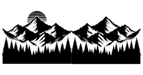 Panorama silhouette mountain with forest pine trees landscape black line Sketch art Hand drawn style vector illustration