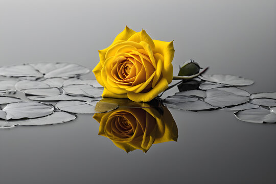 Black and white photograph, rose in center frame, stark contrast, yellow petals standout with selective color technique, positioned atop an empty reflective surface. Generative AI