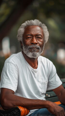 Obraz premium Old African man sitting on bench on background of green summer city park.
