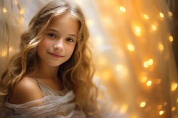 Angelic sweetness captured against a canvas of radiant bokeh lights.