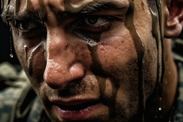 Fear of the military, horror in the eyes of a man, fear of war, Portrait of an Army with a dirty face in the forest. Ai generated