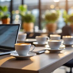 plenty of cups of coffee on desk next to laptops in modern office space