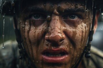 Fear of the military, horror in the eyes of a man, fear of war, Portrait of an Army with a dirty face in the forest. Ai generated