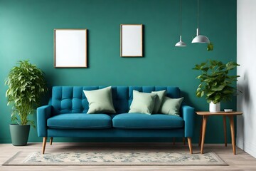 Empty living room with blue sofa, plants and table on empty green wall background