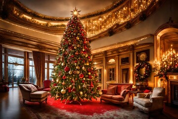 Fototapeta na wymiar A large beautifully decorated Christmas tree stands tall in the luxurious room on Christmas night