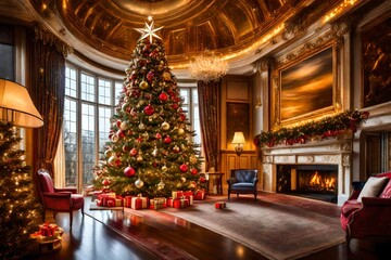 A large beautifully decorated Christmas tree stands tall in the luxurious room on Christmas night