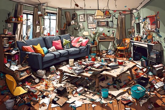Messy living room interior. After party chaos