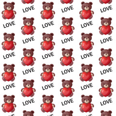 Valentine s day seamless pattern with brown bear holding red heart on white background vector